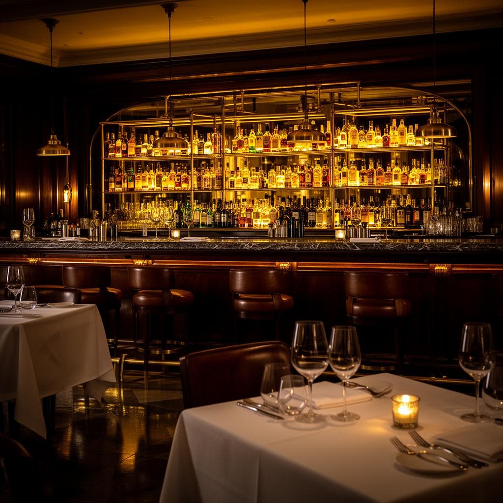 An empty premium fine-dining restaurant with a view of the bar in warm evening light