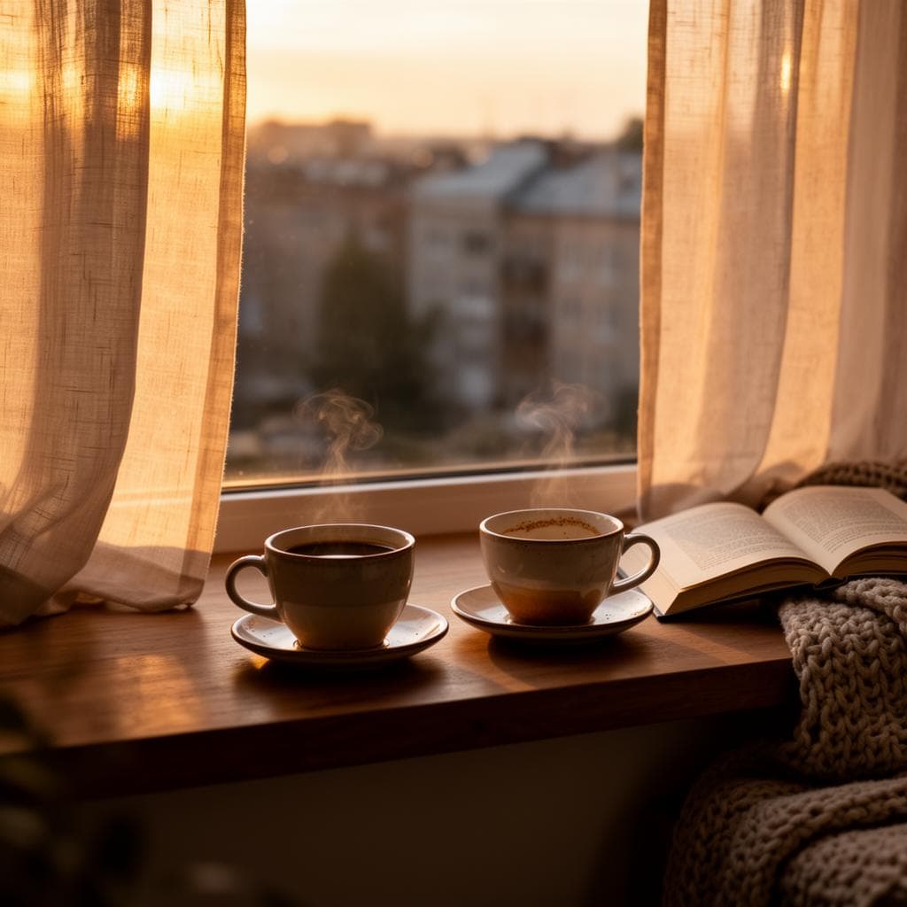 Two coffee cups on a windowsill at dawn overlooking a quiet city skyline