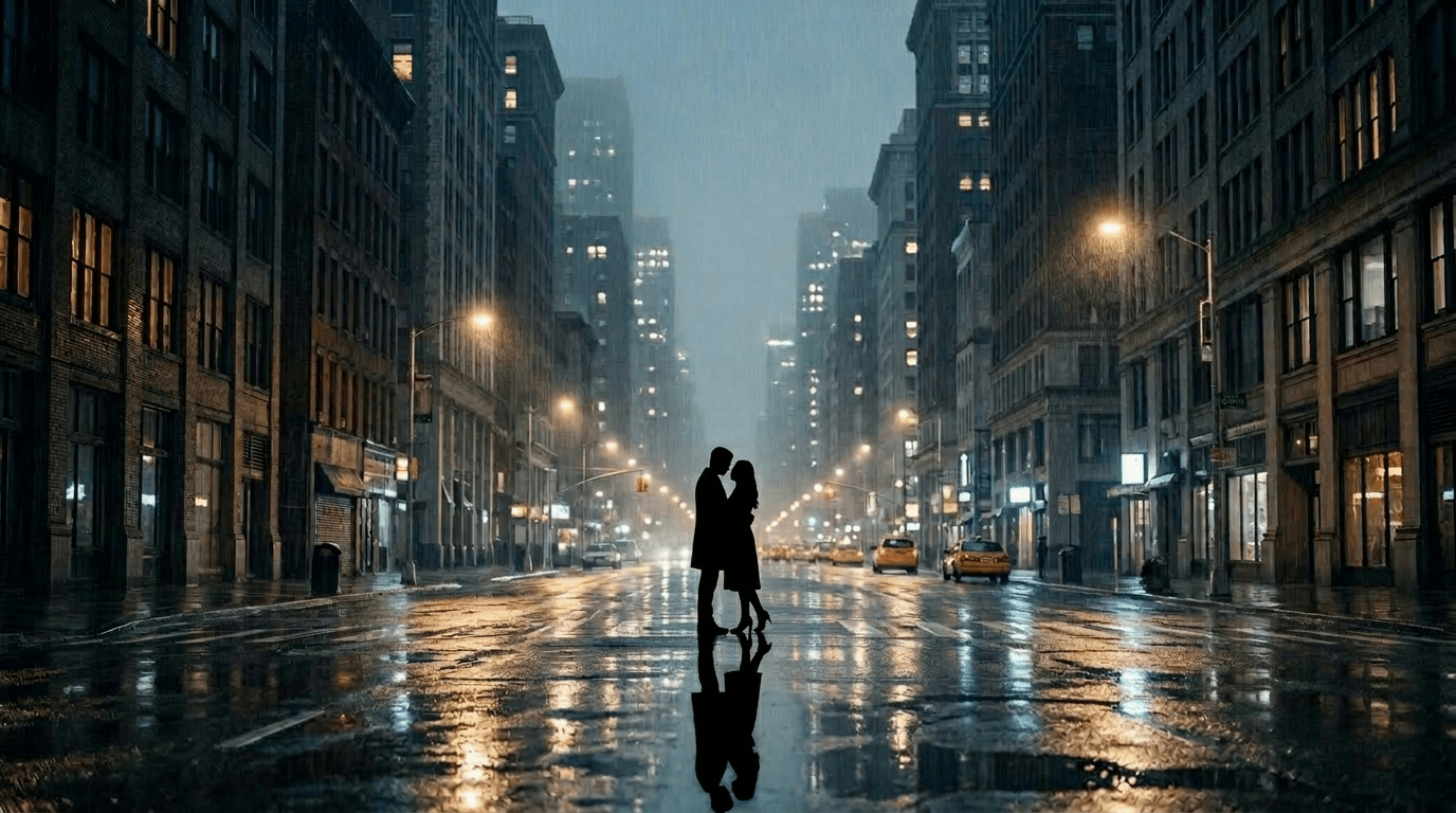 An elegant couple standing on a rainy New York street at night